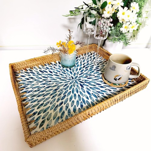 Elegant 18-Inch Rattan Tray with Blue MOP Accents - Perfect for Serving & Decor - Picture 6 of 8