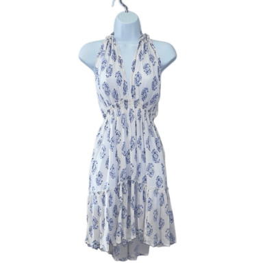 Devi Womens Floral Halter Tiered Backless Mini Dress Blue White Size Small NWT