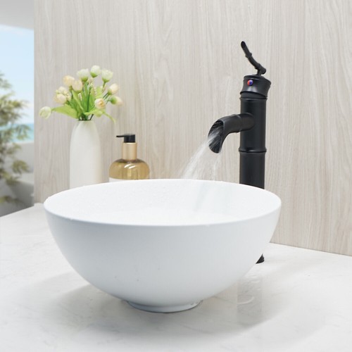 US White Bathroom Vessel Sink Ceramic Washing Bowl Deck Mounted Black Mixer Tap - Picture 4 of 11