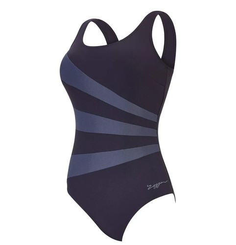 Zoggs Sandon Swimming Costume Swimsuit One Piece Scoop Back Black & Grey UK 8