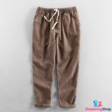New Spring Chinese Style Men's Casual Linen Solid Color Pants Loose Cropped Pant