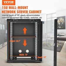 15U Wall Mount Network Server Rack Cabinet - 18'' Tempered Glass Door, Lockable
