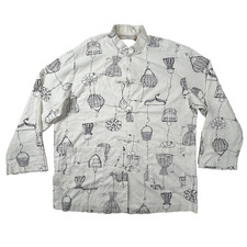 Vintage Double Dragon Shirt Mens XL Mandarin Collar Frog Knot Print Oriental