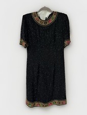 Vtg Laurence Kazar Sequin Black Gold Crystal Beaded Dress Silk 80s Sz Lg READ