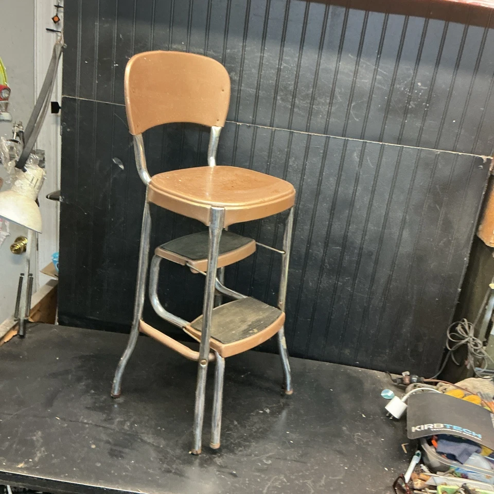 Mid  Century Cosco Retro Style Farmhouse Counter Chair/Step Stool Chrome Tan - Image 2 of 4