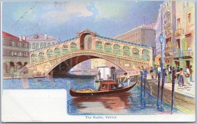 Venedig Vintage Postkarte Rialtobrücke Gondel Menschen Boote Italien Künstlerisch
