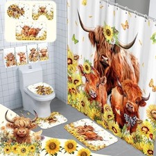 8 Pcs Shower Curtain Sets for Bathroom Sunflower Farm Cattle Highland Cow