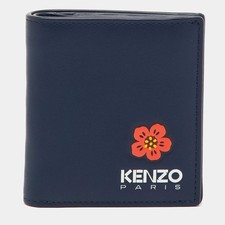 Kenzo Navy Blue Leather Boke Flower Logo Print Mini Bifold Wallet