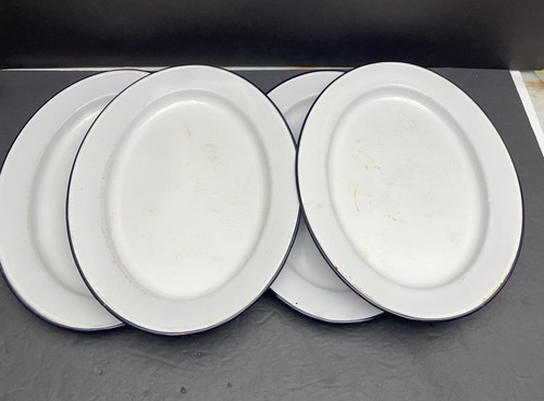 Set of 4 Enamelware 14” Oval Trays – White w/ Blue Rim Camping Platter Lot VTG
