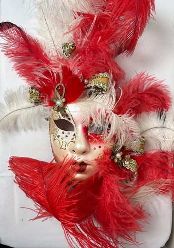 La Maschera Del Galeone Mask Italy Venezia Feathers Handmade Red Gold