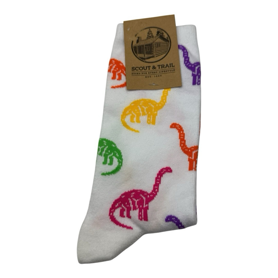 Men’s Scout & Trail Dino Novelty Socks in White, Colorful Design