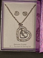 Genuine Crystal Pendant Necklace  Earring Set Heart Shape Silver Tone 18-1/2"
