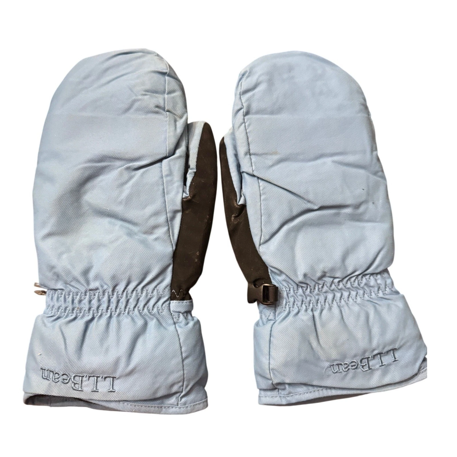 LL Bean Womens Goose Down Mittens Light Blue Leather Palm Winter Gloves M 0BND1