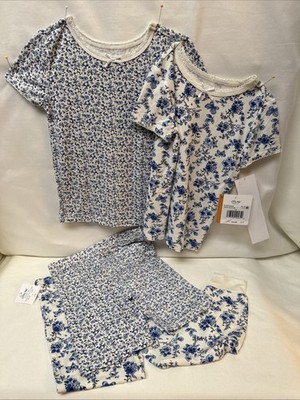 4 Piece Little Me Girls Pajamas 3T NWT Blue Flowers Pants Shorts 2 Tops Soft