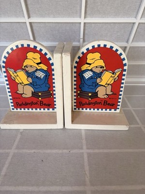 Vtg Paddington Bear Wooden Bookends Pair 1995 Eden Toys Nursery Decor Reading