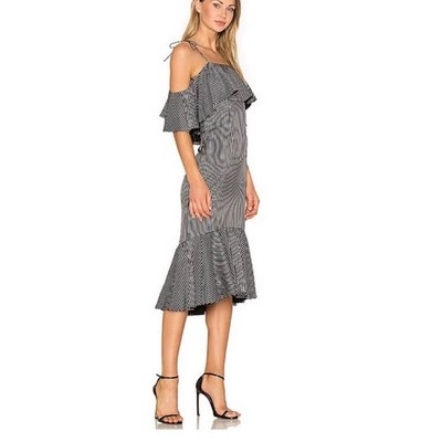 Amur Francesca Women Black White Satin Stripes Cold Shoulder Ruffle Dress Sz 6
