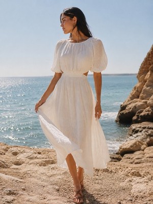 Arula White Cutout Midi Dress 1X Cottagecore Puff Sleeve Boho Summer