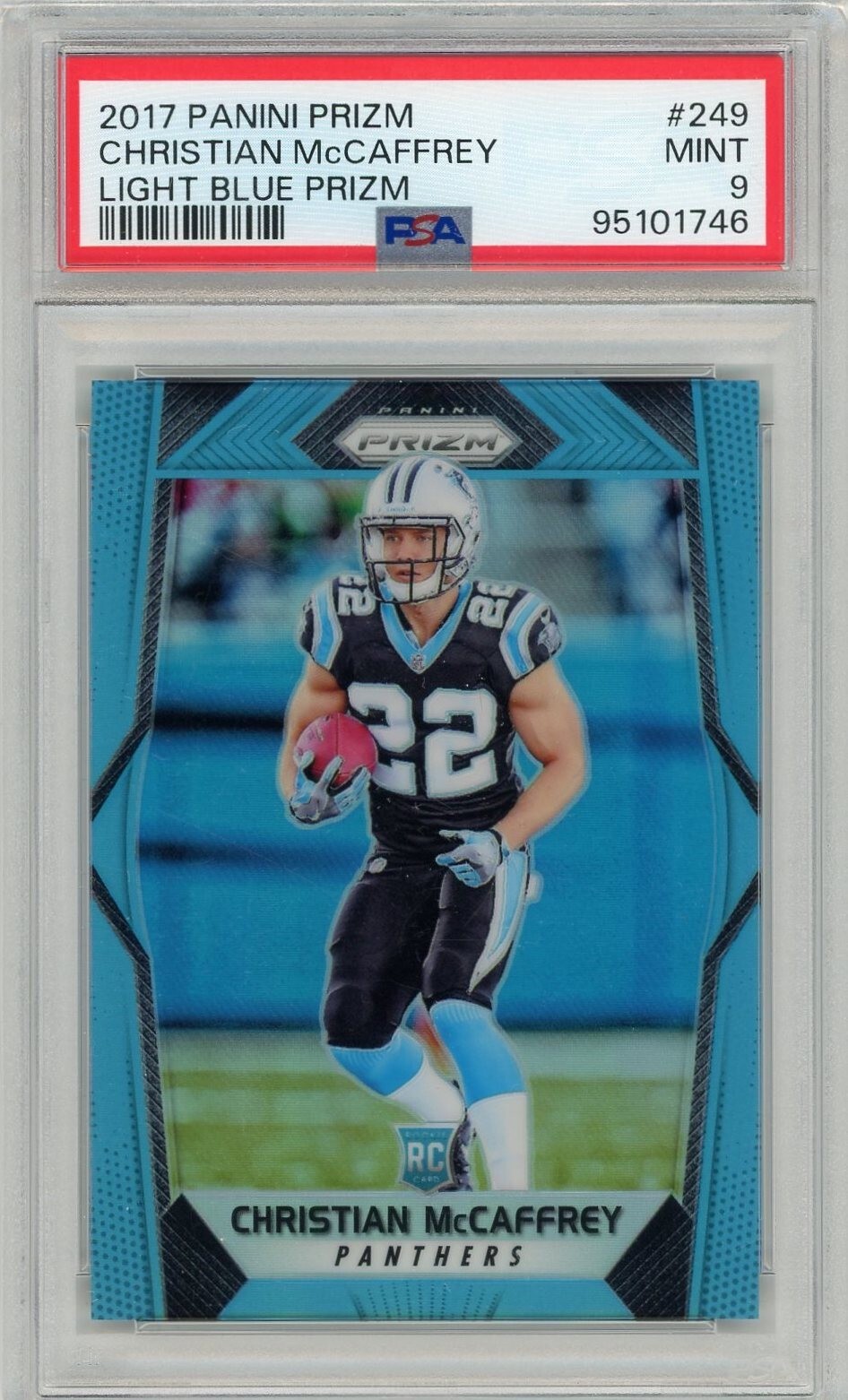 2017 Panini Prizm Blue Prizm Rookie #249 Christian McCaffrey No 82 of 199 PSA 9