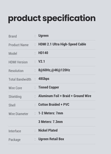UGREEN HDMI 2.1 Male To Male Cable 2 Metre 8K Resolution High Speed 48Gbs - Picture 4 of 12