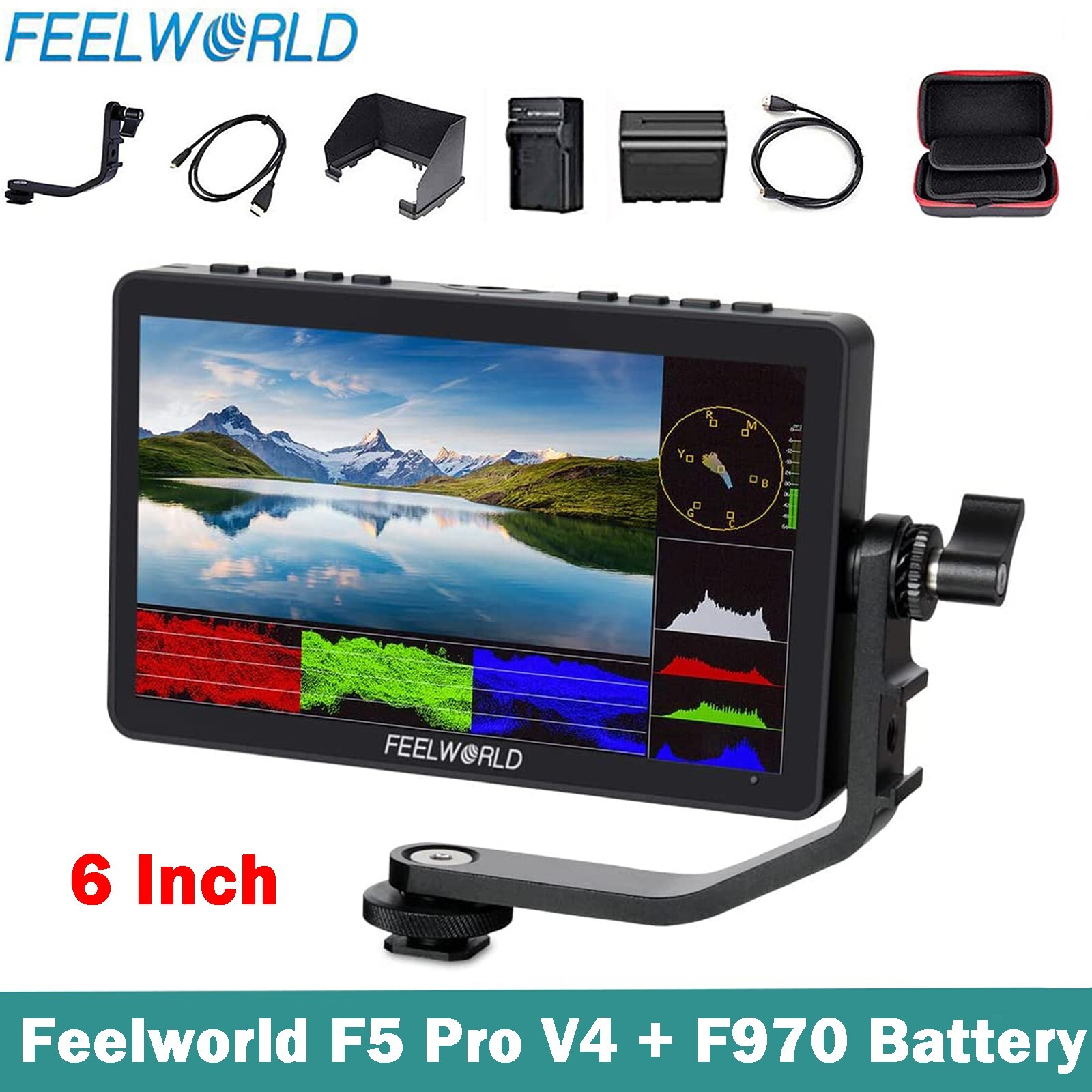 FEELWORLD F5 Prox 5.5 Inch Field Monitor High Bright 1600 Nit 4K 1920x1080 DSLR HDMI Touch Scree Camera IPS FHD Video Assist Tilt Arm (F5 Prox With Battery