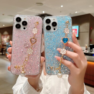 For iPhone Samsung Flash Camellia Chain Case Shining Phone Cover Hot Women Girls