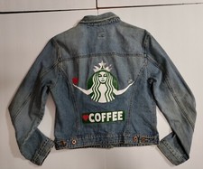 Hand Painted Embellished Womens Large Starbucks Coffee Blue Denim Jacket Mermaid