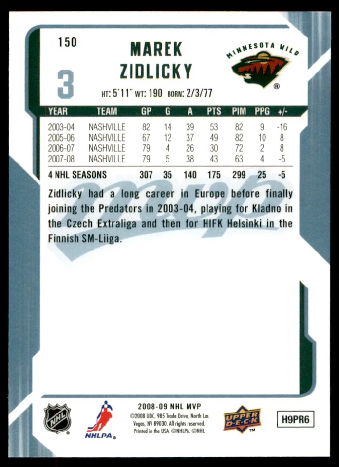 2008-09 Upper Deck MVP Marek Zidlicky #150 - Image 2 of 2