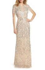 MAC DUGGAL 4715D Platinum Beaded Fringe Sheer Illusion Maxi Gown Dress 16 = XL