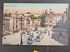 Antique Postcard Zürich Bahnhofplatz Train Station Trolley Cars Railway A7198