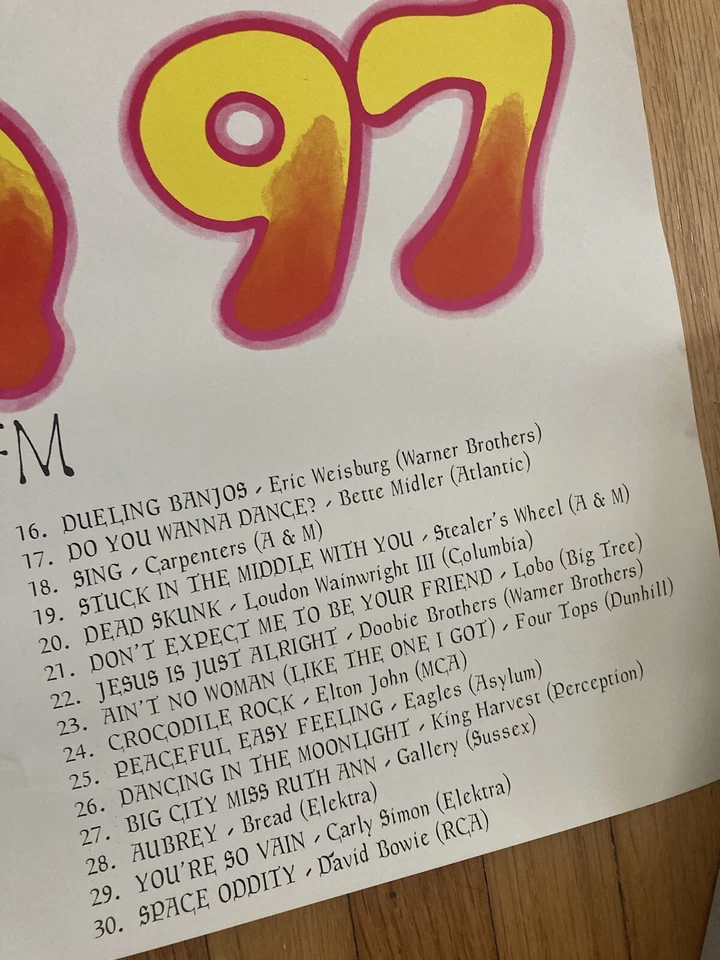 1973 hippie top 30 poster Q FM 97 Radio Station WGRQ Buffalo NY Rock Album bowie - Image 4 of 4