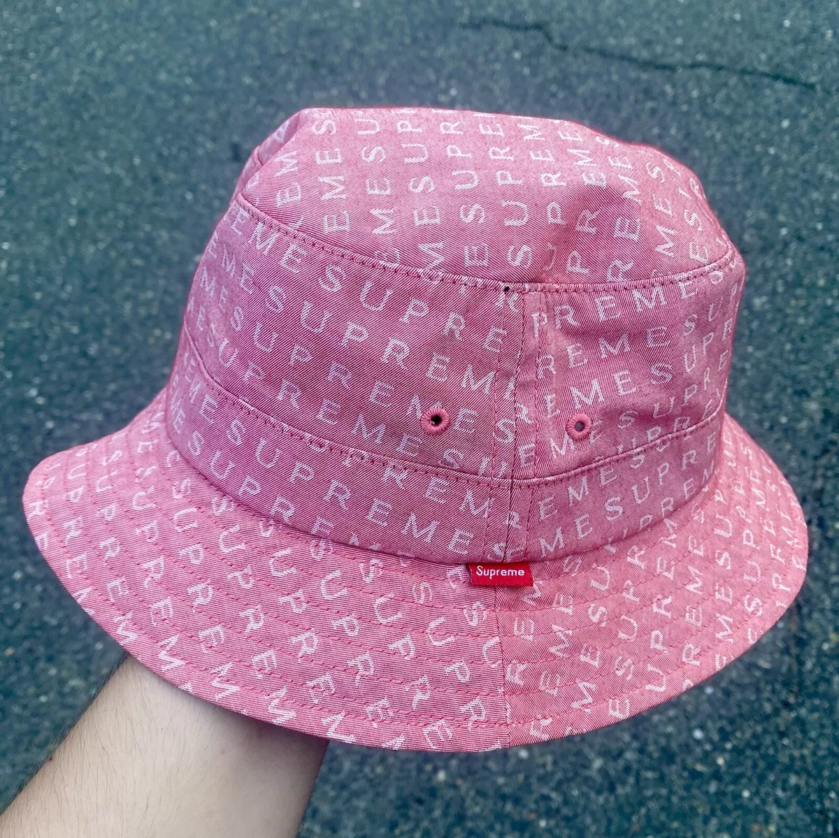 Supreme SS20 Jacquard Logo Denim Crusher Hat Light Red Sz M-L