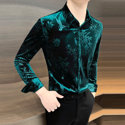 Mens Gold Velvet Shirt Long-sleeved Autumn Party Host Costume Performance  Shirt | eBay