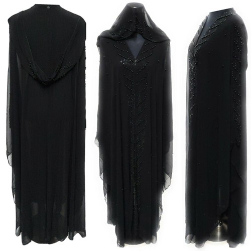 Langes arabisches Damenkleid schwarz Chiffon Perlenarbeiten Abaya Übermantel Jalabiya - Bild 1 von 5