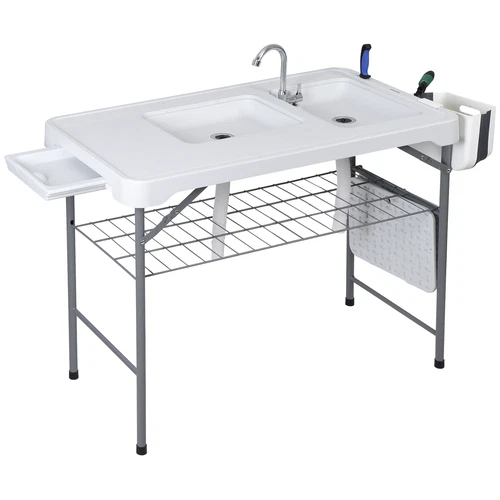 Outdoor Folding Fish Cleaning Table Portable Cutting Camping Table w/Dual Sinks