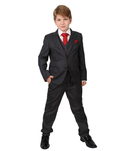 Boys Tailored Fit Wedding Suit 6 Piece Page Boy Prom Charcoal Grey Navy Blue Set - Picture 17 of 19