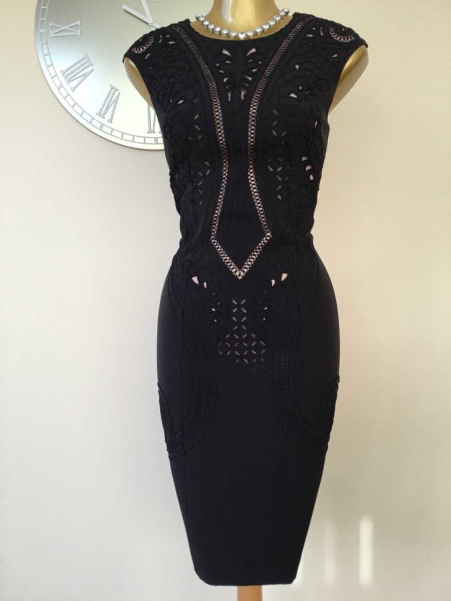 💕KAREN MILLEN UK BLACK EMBROIDERED PENCIL DRESS WITH CUT