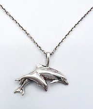 Vintage Sterling Silver 925 Mom and Baby Dolphin Pendant Necklace 18 in