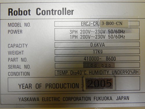 Yaskawa Electric 410000-8600 Robot Controller ERCJ-CRJ3-B00-CN TEL PR300Z Spare - Picture 5 of 5