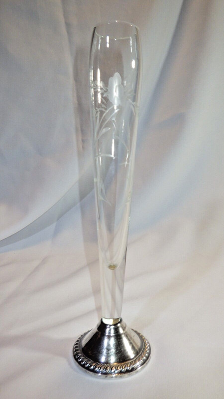 Vintage Duchin Weighted Sterling Silver & Etched Crystal Bud Flower Rose Vase