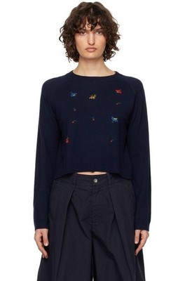 YMC Navy Caroline Merino Wool Intarsia Floral Embroidered Crop Sweater Size XS