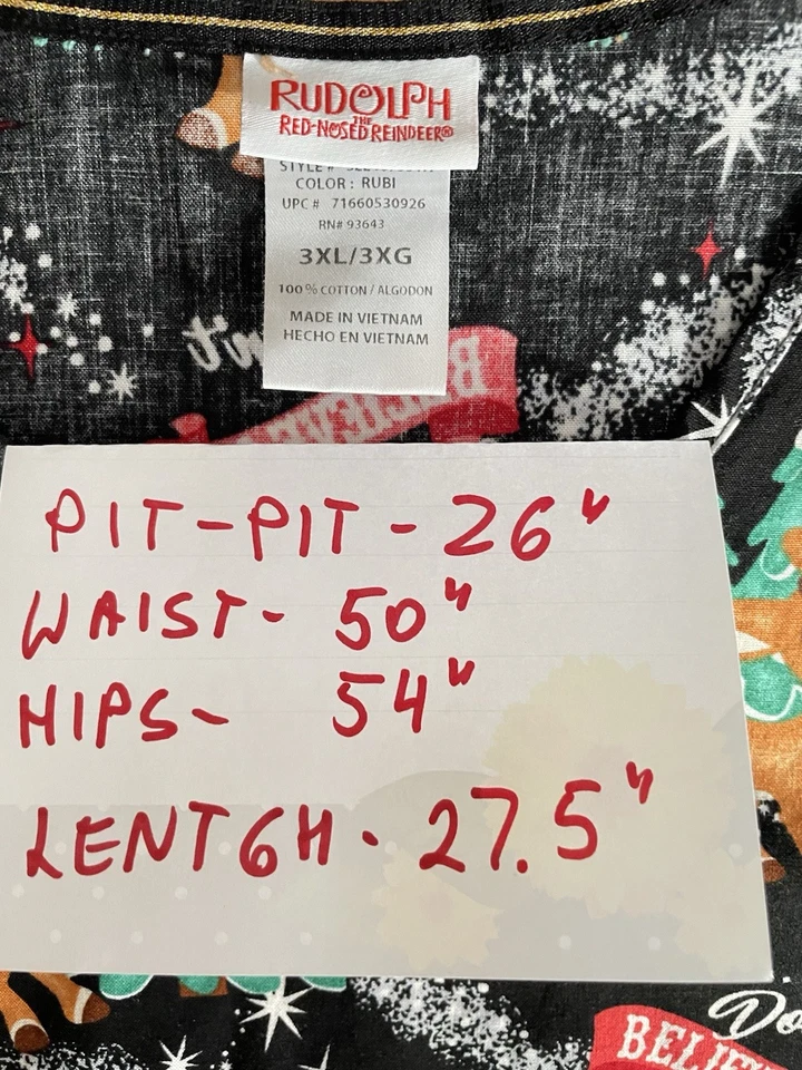 Rudolph Red Nose Reindeer Christmas Holiday Scrub Top 3 XL V Neck Pockets - Image 2 of 3