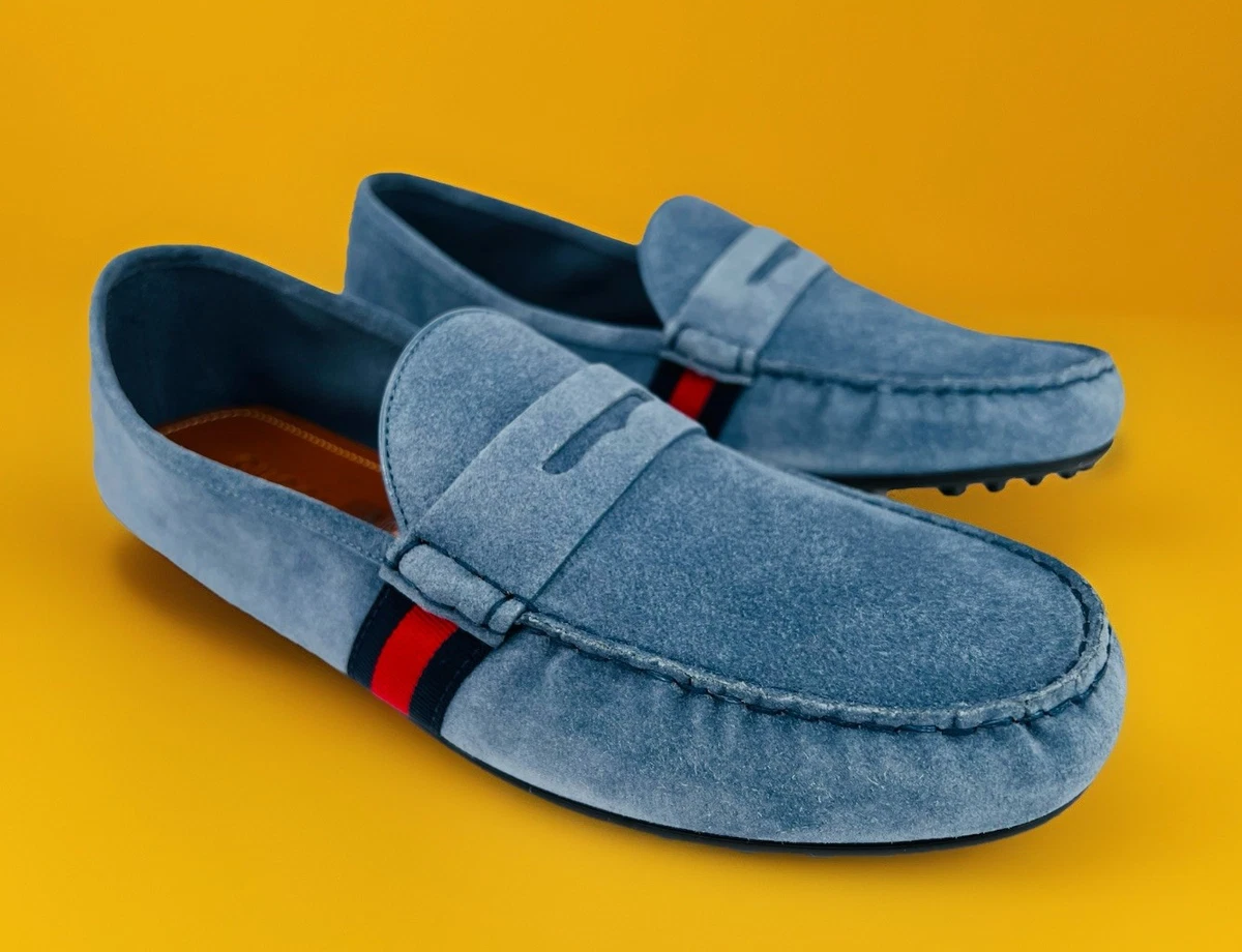 Men\'s Gucci blue suede GG embossed driver loafers size 12 fits 12.5 US Gucci Suede Blue Dress Shoes for Men for sale | eBay main image 4
