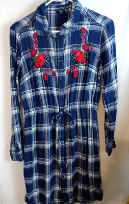 A New Aproach a.n.a Embroidered Floral Blue Plaid Shirt Dress Women s Size-S