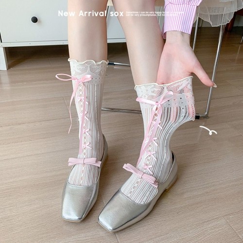 Ballet Style Bowknot Stockings Polyester Fibre Calf Socks Women - Picture 9 of 11