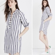 MADEWELL Short Shirt Dress Lace Up Blue White Striped Linen Blend Women Size XS