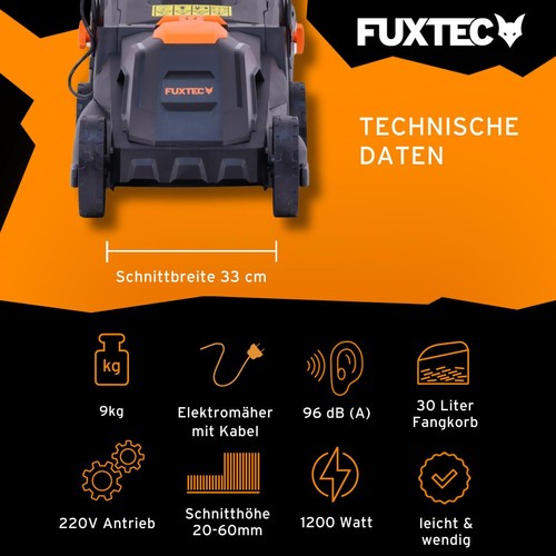 FUXTEC Elektro Rasenmäher mit Kabel| 9Kg| Schnittbreite 33cm| 30L Fangkorb| 1200 - Bild 3 von 12