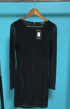 Fashion Nova Black Mesh Studded Zip Round Neck Long Sleeve Mini Dress Size L