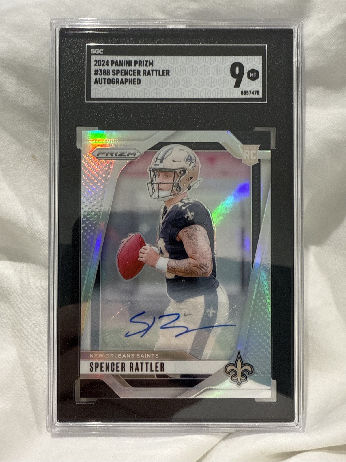 2024 Panini Prizm Spencer Rattler Auto RC Silver Rookie #388 Saints SGC 9