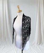 Black Embellished Beaded Crochet Shawl Scarf Wrap Fairy Whimsy Formal Party Glam