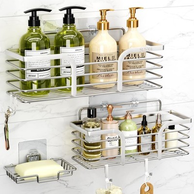 Shower Caddy Shelf with Soap Dish and 4 Hooks SUS304 Stainless Steel Shampoo